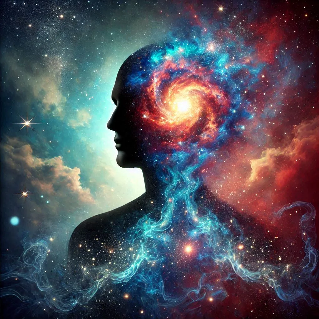 Digital art illustration showing a black silhouette of a person's head and shoulders against a cosmic background. A vibrant spiral galaxy in red, blue, and turquoise emerges from their head, while ethereal nebula clouds and stars swirl through their form. The image symbolizes the Advaita Vedanta concept of consciousness merging with universal reality, depicting the unity of Atman and Brahman through space imagery.