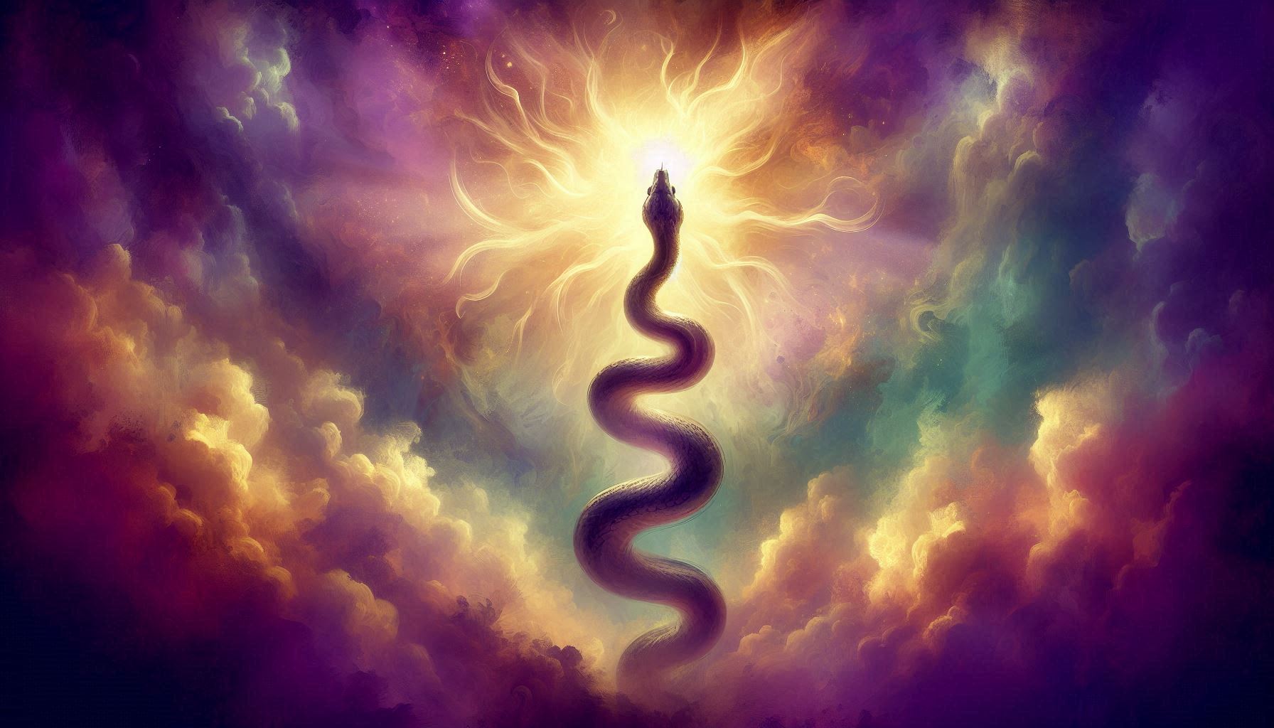 Artistic digital illustration of a serpentine Kundalini energy rising through vibrant purple and golden clouds, depicted as a dark serpentine form emanating bright golden light at its crown, symbolizing spiritual awakening and cosmic consciousness. The mystical scene features swirling ethereal clouds in deep purples, teals, and warm orange hues against a luminous background.