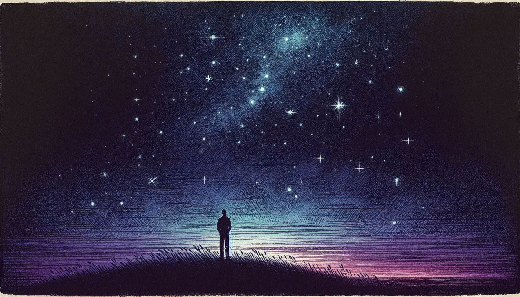 ilhouette of a person contemplating the vast starry night sky, illustrating the philosophical concept of why the existence of God cannot be proven through human reasoning and rational evidence, as infinite truths transcend our limited perception.