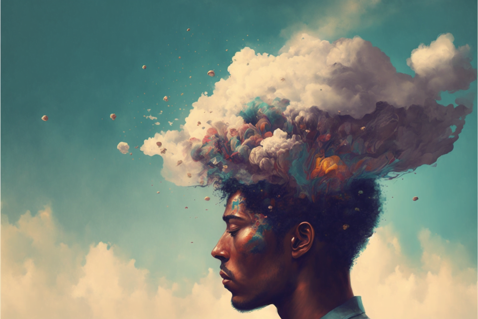 A peaceful meditator surrounded by floating thought bubbles, illustrating that having thoughts while meditating is normal and part of the practice, as awareness of these thoughts leads to greater mindfulness and personal growth.