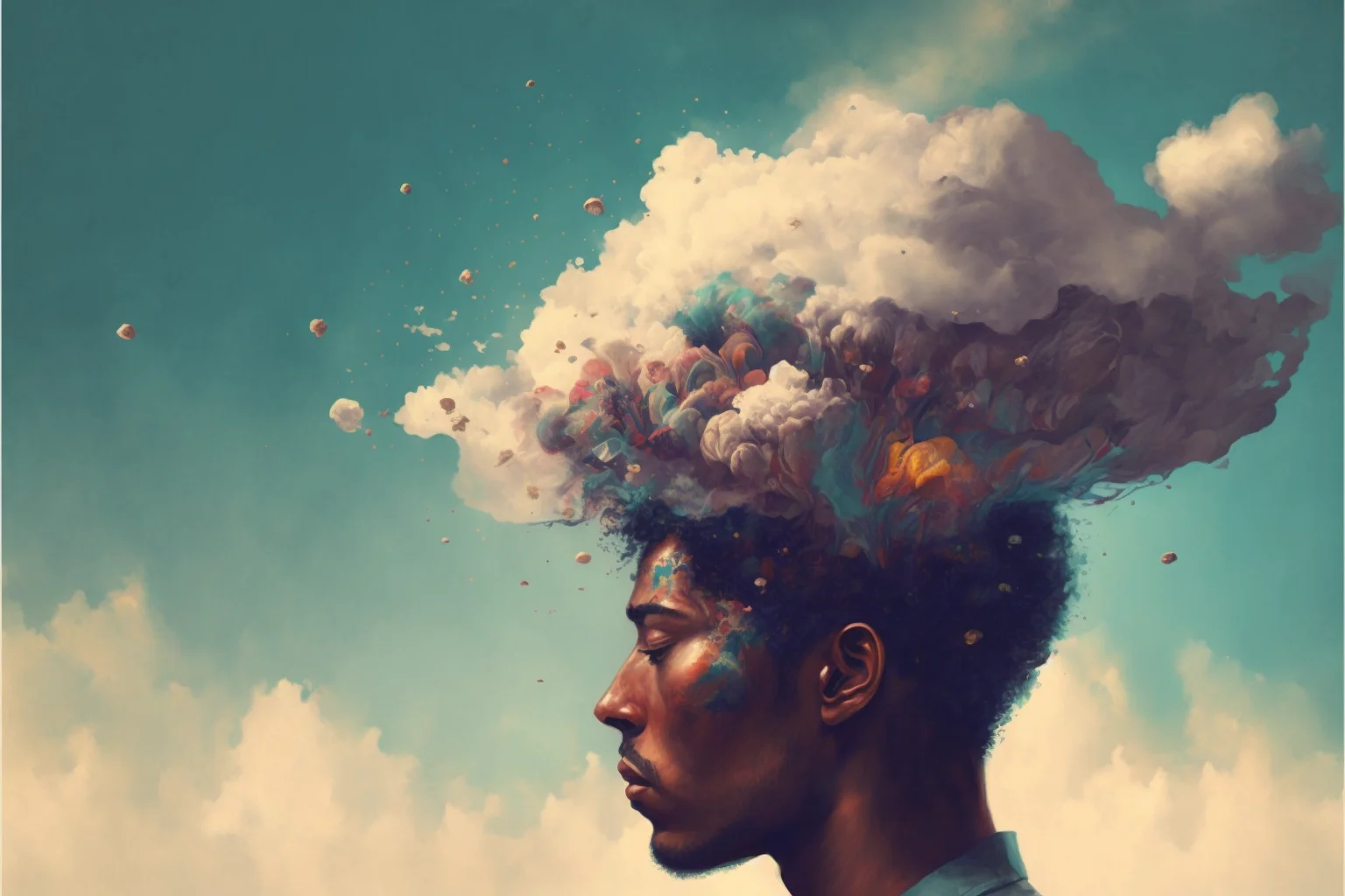 A peaceful meditator surrounded by floating thought bubbles, illustrating that having thoughts while meditating is normal and part of the practice, as awareness of these thoughts leads to greater mindfulness and personal growth.