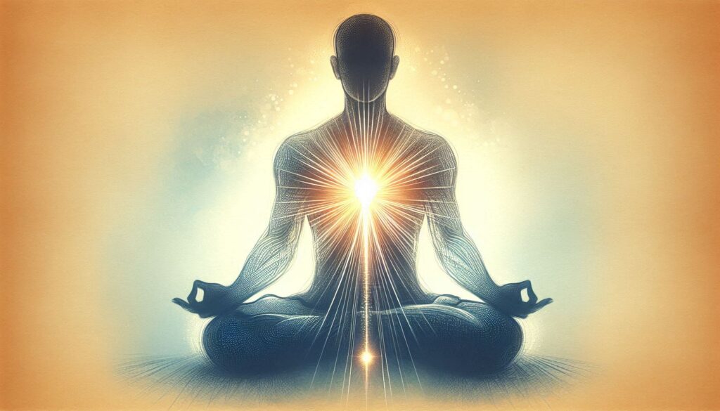 Minimalist digital illustration of a meditating figure with glowing light emanating from the heart chakra, representing the inner guru and divine wisdom within all spiritual seekers.