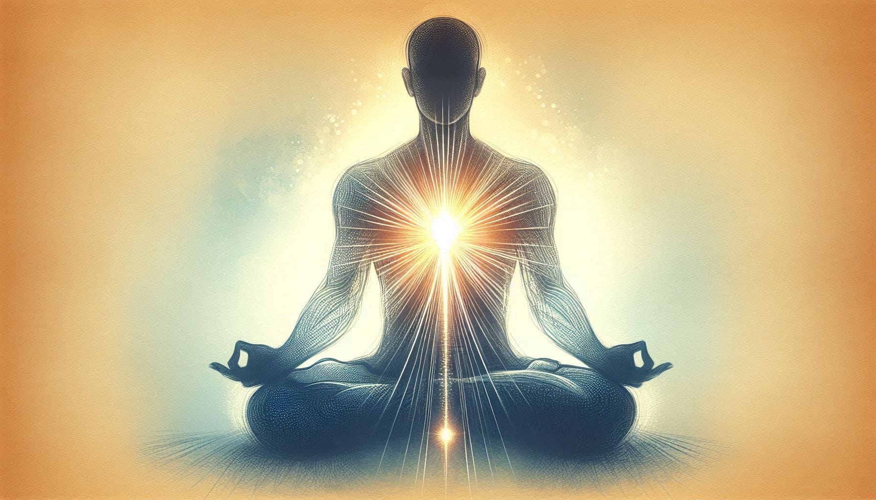 Minimalist digital illustration of a meditating figure with glowing light emanating from the heart chakra, representing the inner guru and divine wisdom within all spiritual seekers.