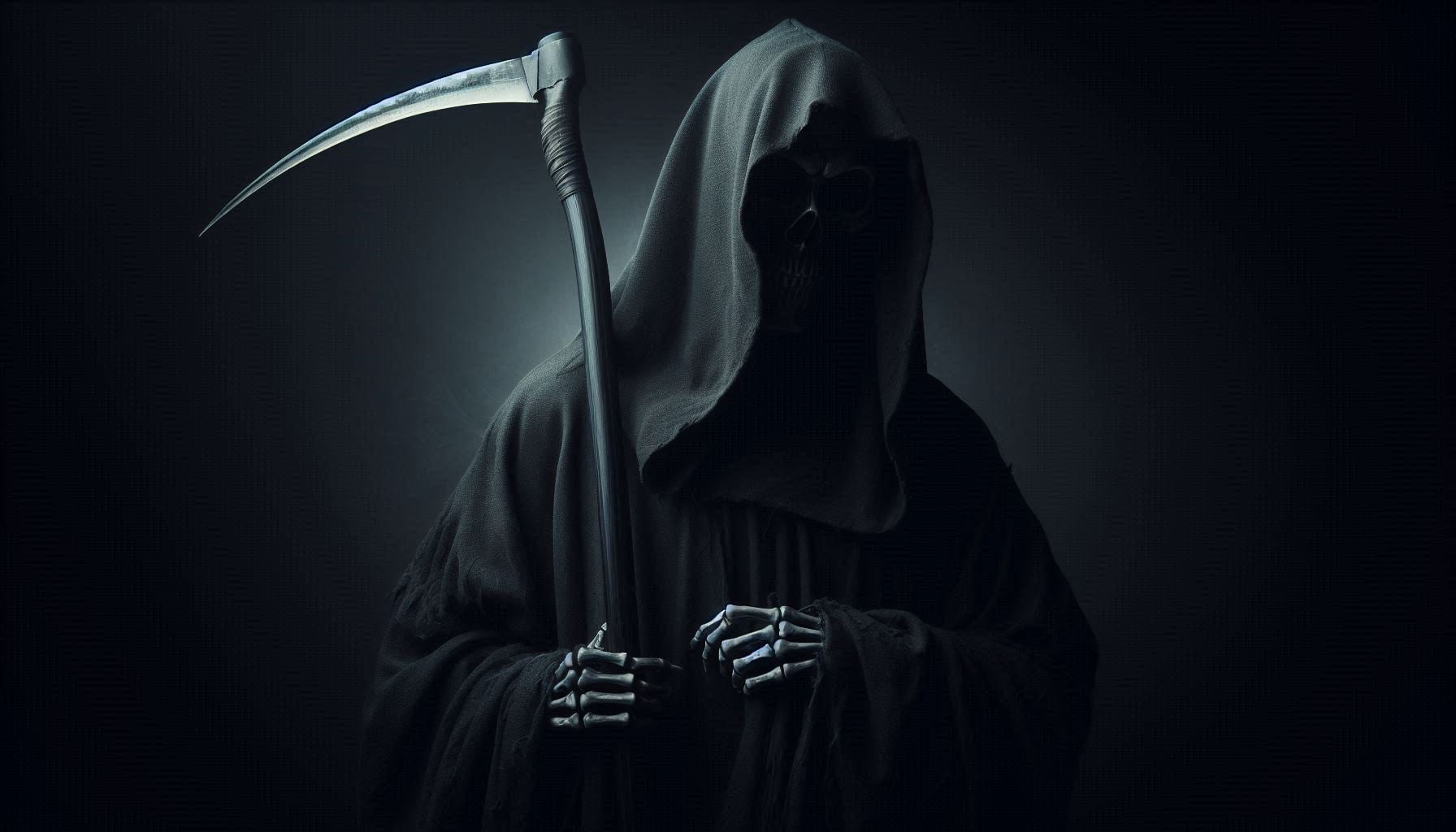 A dark, atmospheric image of a figure in a hooded robe resembling the Grim Reaper, holding a scythe against a black background, symbolizing death and mortality - concepts central to philosophical discussions about the problem of evil, suffering, and the nature of existence in theological debates.