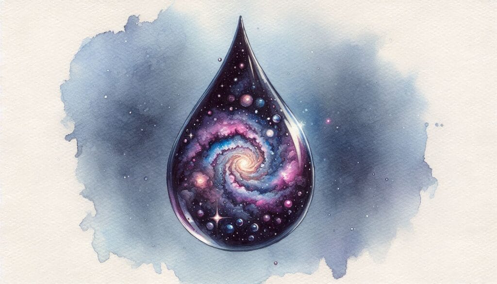A teardrop of water containing a spiral galaxy, illustrating how absolute truth is present in everything, from the infinite cosmos to a single drop, representing the concept that consciousness is the substance of all reality.
