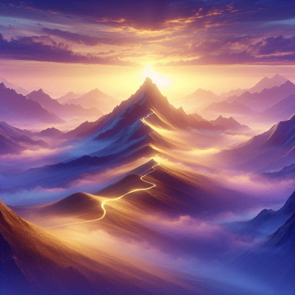 Metaphorical illustration of the path to spiritual enlightenment showing a winding, illuminated pathway ascending a majestic mountain peak at sunset. The glowing trail weaves through misty purple mountains under dramatic golden-violet skies, symbolizing the journey of spiritual awakening and the climb toward higher consciousness.