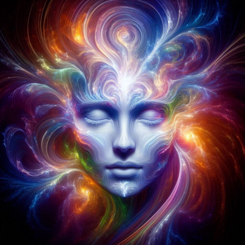 Artistic representation of spiritual enlightenment depicting a serene face with closed eyes emanating colorful ethereal energy, symbolizing consciousness expansion, inner awakening, and the transcendent nature of enlightenment. The swirling rainbow-colored patterns surrounding the face represent the unity of consciousness and the dissolution of ego boundaries described in spiritual enlightenment practices.