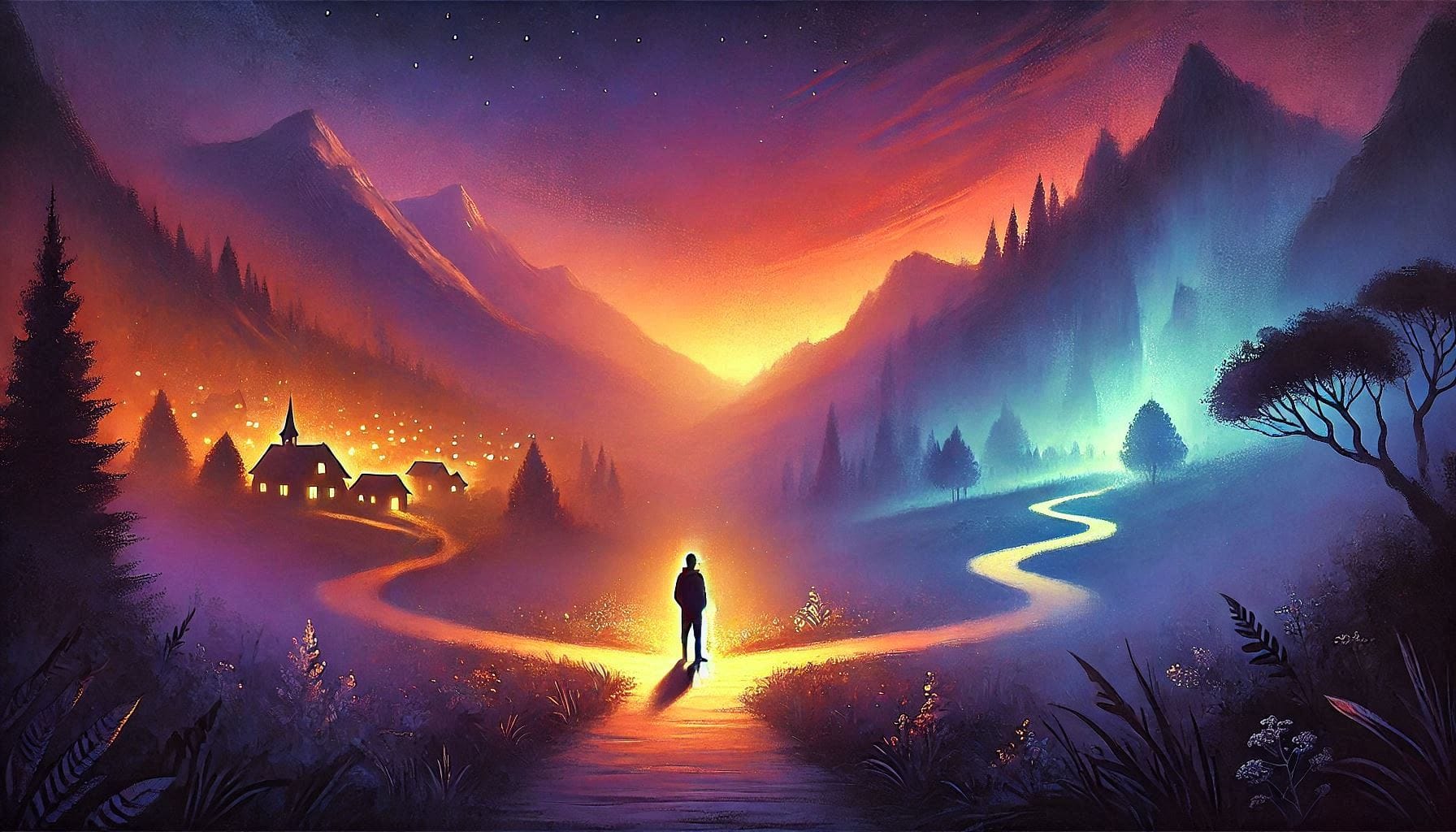Hero's journey illustration: silhouetted figure at crossroads between warm village and mystical mountain path, dramatic sunset sky in purples and oranges, symbolizing choice between comfort and adventure. Digital art landscape with glowing windows, winding paths, and ethereal lighting capturing Campbell's monomyth concept.