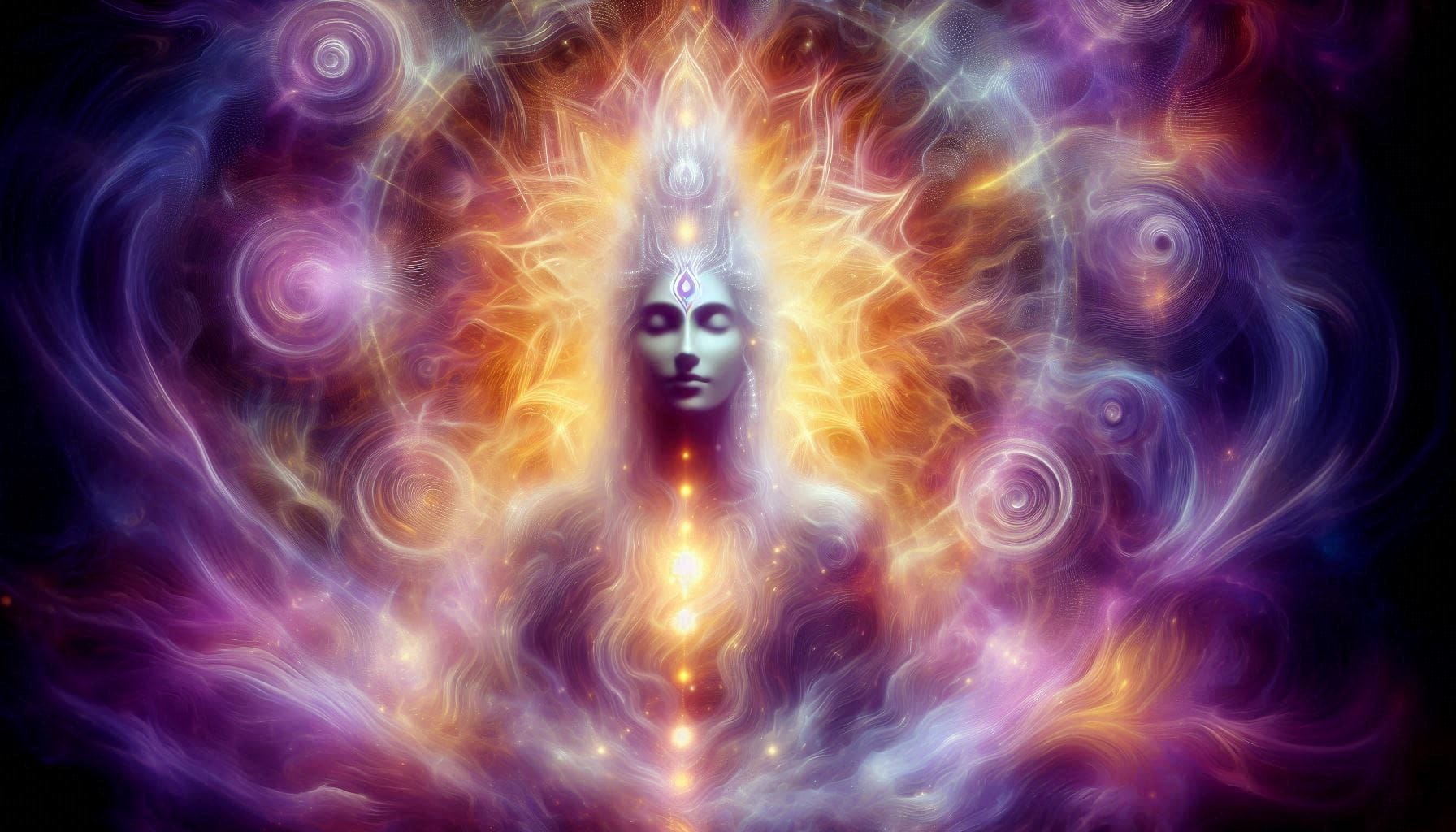 Mystical Kriya Yoga illustration showing awakened consciousness with glowing chakra points, surrounded by purple and golden ethereal energy swirls