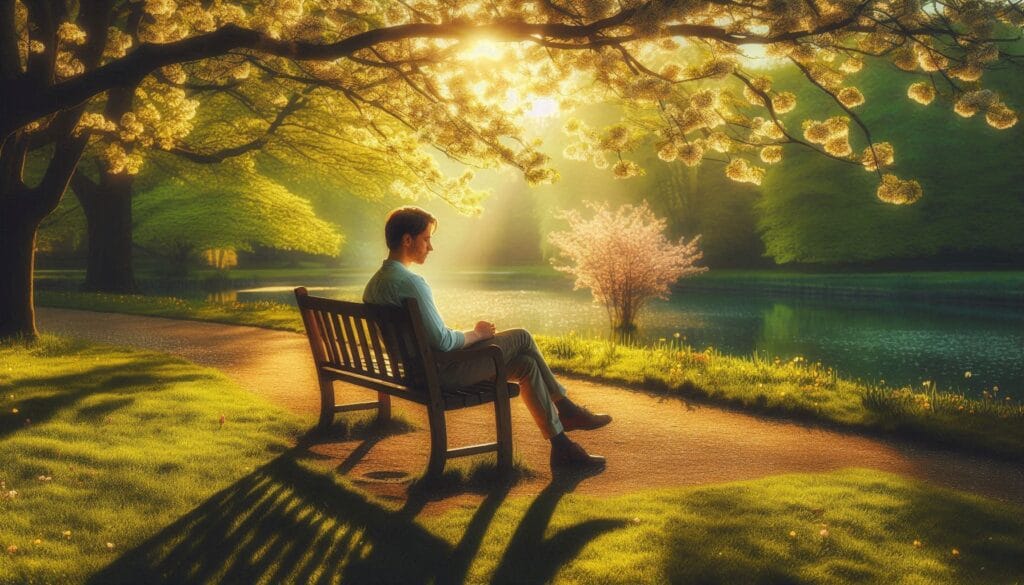 Young man sitting alone on park bench at sunset, surrounded by blooming cherry trees and golden sunlight, representing mindfulness, present moment awareness, and inner peace in nature.