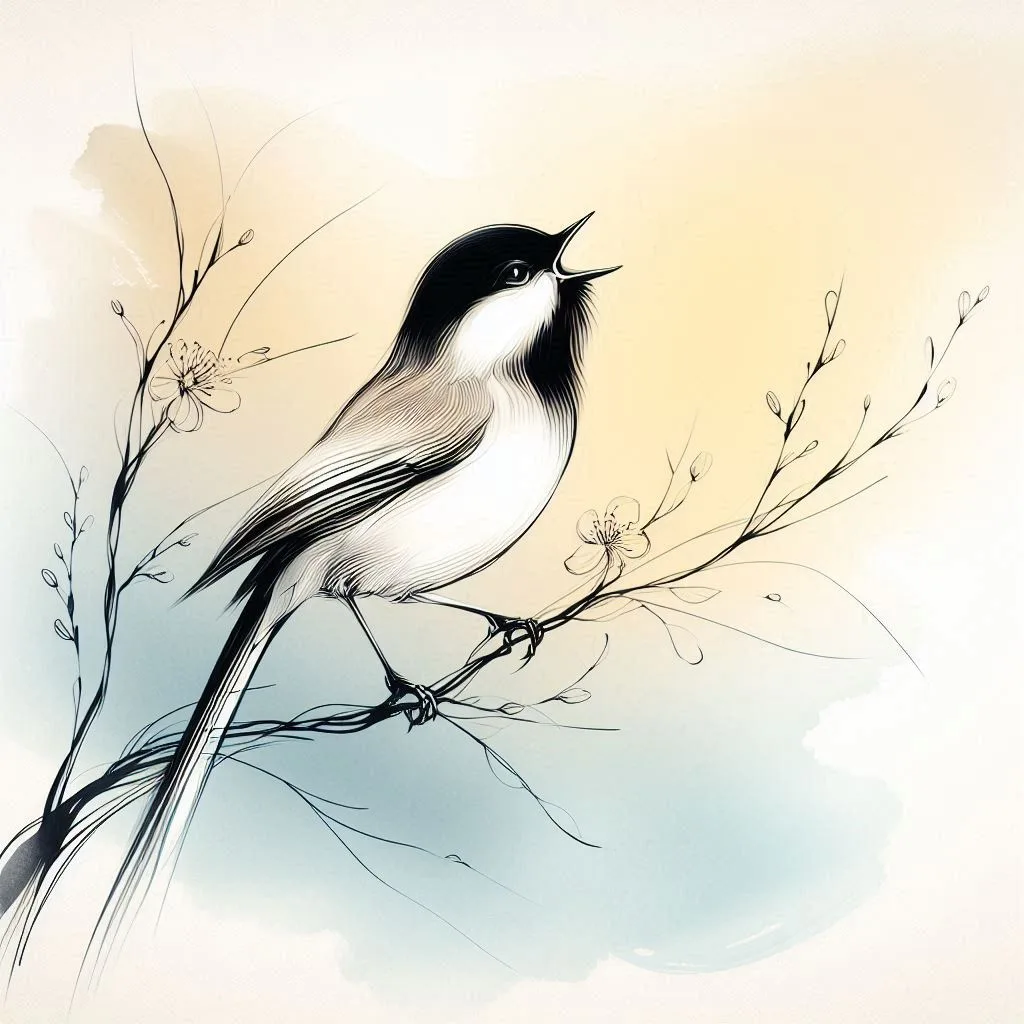 A minimalist line drawing of a bird singing joyfully, embodying freedom from the outcome in the present moment, perched on a delicate flowering branch against a serene cream to pale blue gradient background. The black and white bird's head is tilted upward in song, illustrating natural freedom and mindful presence through elegant artistic strokes and soft watercolor effects.