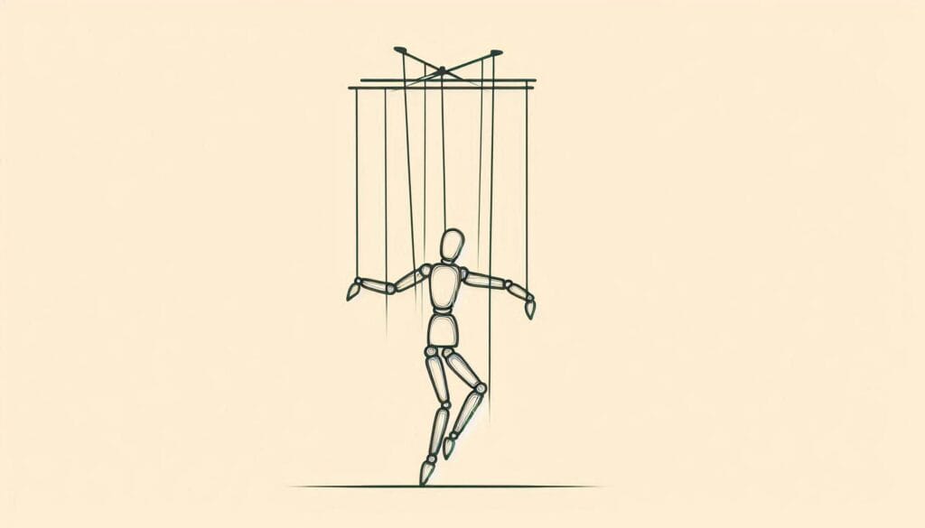 Minimalist line drawing of a marionette puppet symbolizing Eckhart Tolle's teachings on ego and pain-body, illustrated with simple black lines against a warm cream background, representing the human condition of being controlled by unconscious patterns