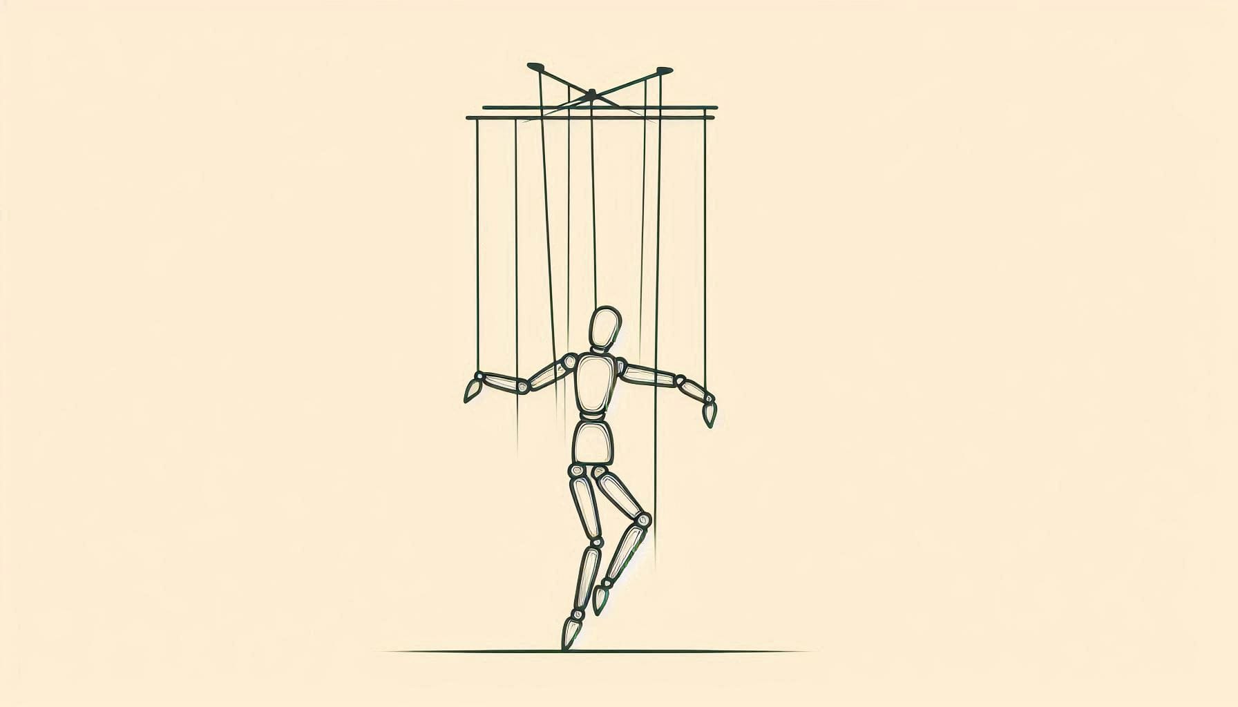 Minimalist line drawing of a marionette puppet symbolizing Eckhart Tolle's teachings on ego and pain-body, illustrated with simple black lines against a warm cream background, representing the human condition of being controlled by unconscious patterns
