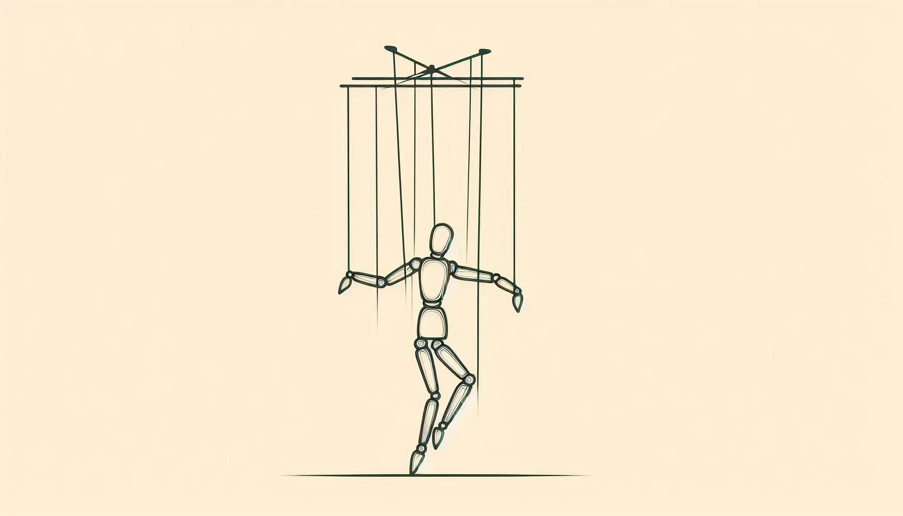 Minimalist line drawing of a marionette puppet symbolizing Eckhart Tolle's teachings on ego and pain-body, illustrated with simple black lines against a warm cream background, representing the human condition of being controlled by unconscious patterns