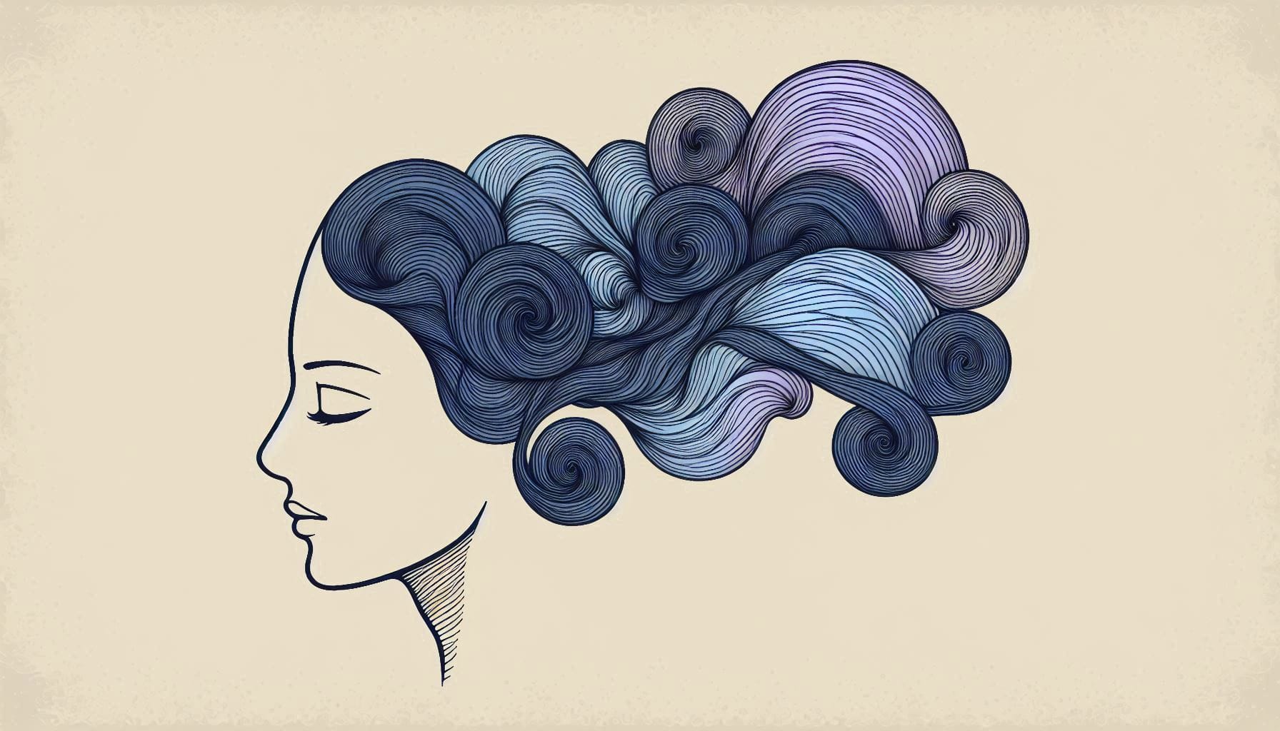 Side profile illustration of a woman practicing the Letting-Go technique, with spiraling thoughts transforming into flowing waves, representing how to let go of negative emotions through mindful awareness. Line art drawing in shades of blue and lavender on beige background