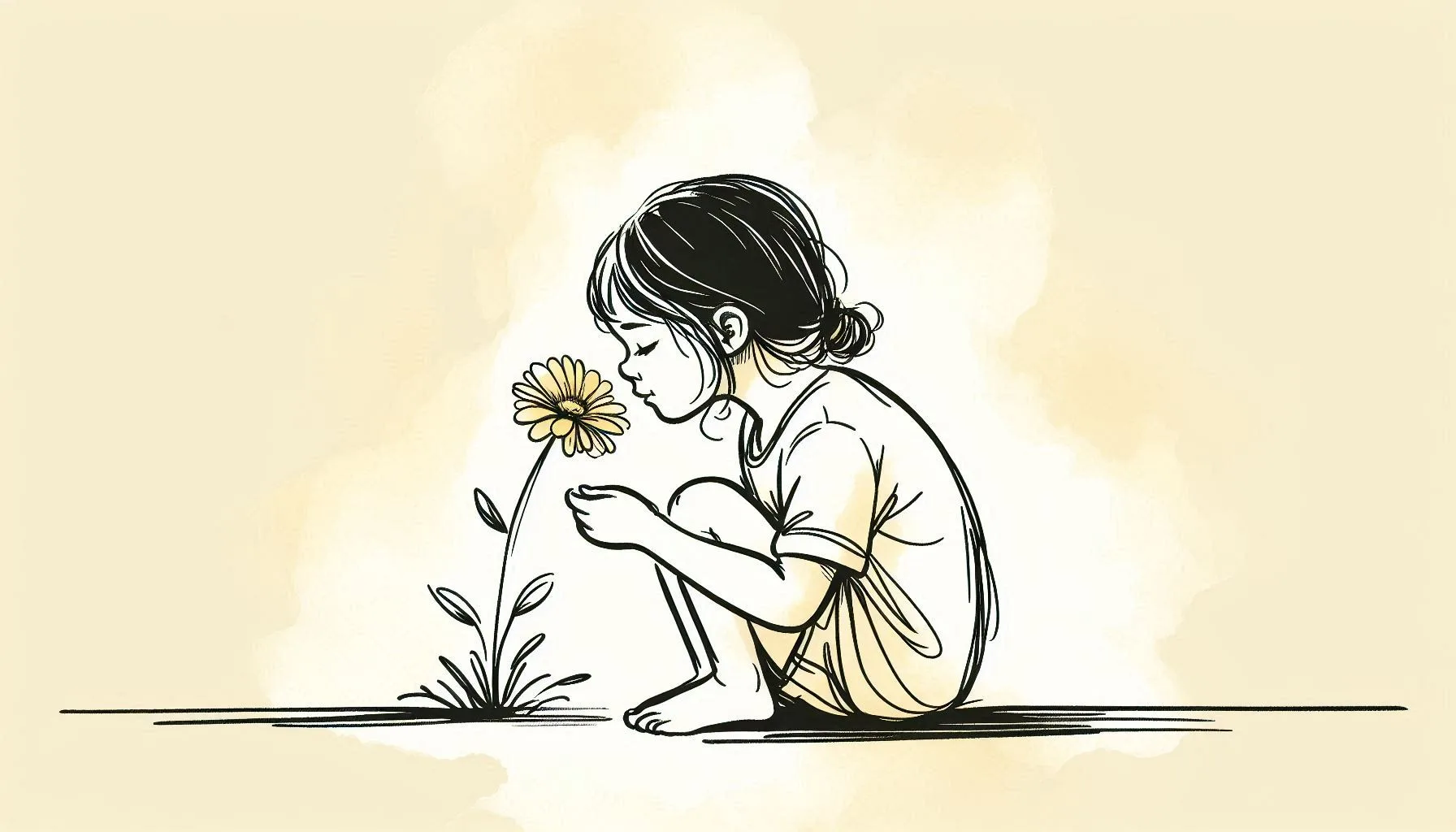 Young child smelling a daisy flower in a mindful pose, illustrating the essence of how to live in the present moment - a pencil drawing showcasing innocent wonder and complete absorption in the now, with delicate grass details and minimalist line art style