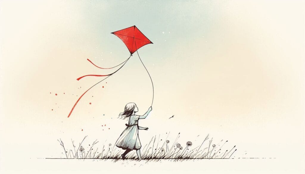 A minimalist line drawing of a girl flying a bright red kite in a field of grass, embodying Alan Watts' "The Wisdom of Insecurity" philosophy of living in the present moment as a remedy for anxiety. The serene composition with cream to pale blue gradient background visually represents letting go and flowing with life rather than resisting it.
