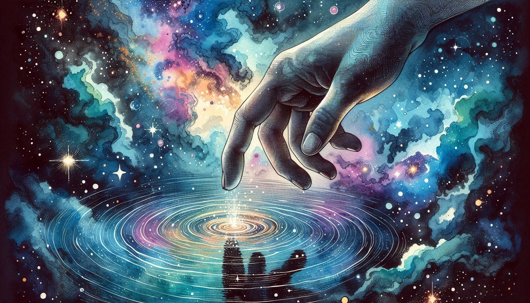 Hand touching a cosmic lake reflecting the universe - symbolizing direct experience of Absolute Truth through mysticism rather than intellectual understanding.