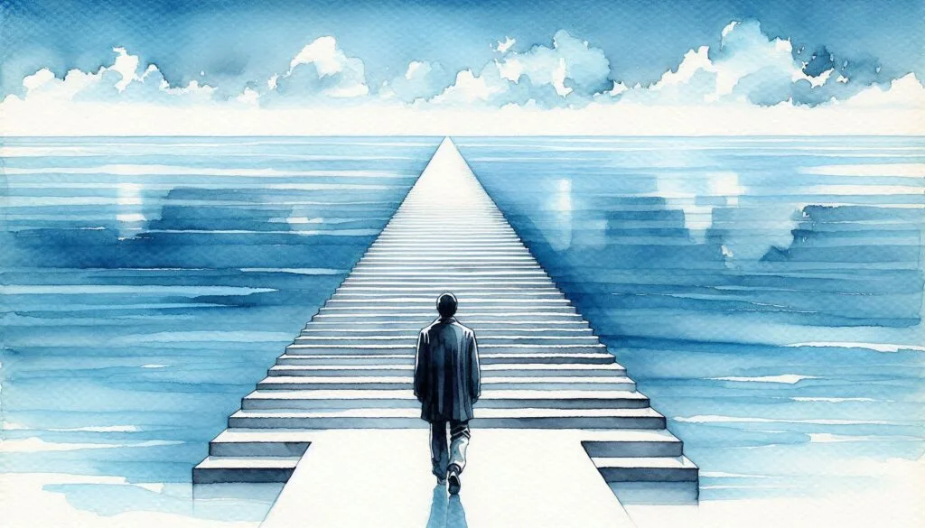 Person climbing white stone steps toward spiritual enlightenment, representing the dedicated path and inner transformation required to reach higher states of consciousness through spiritual practice.