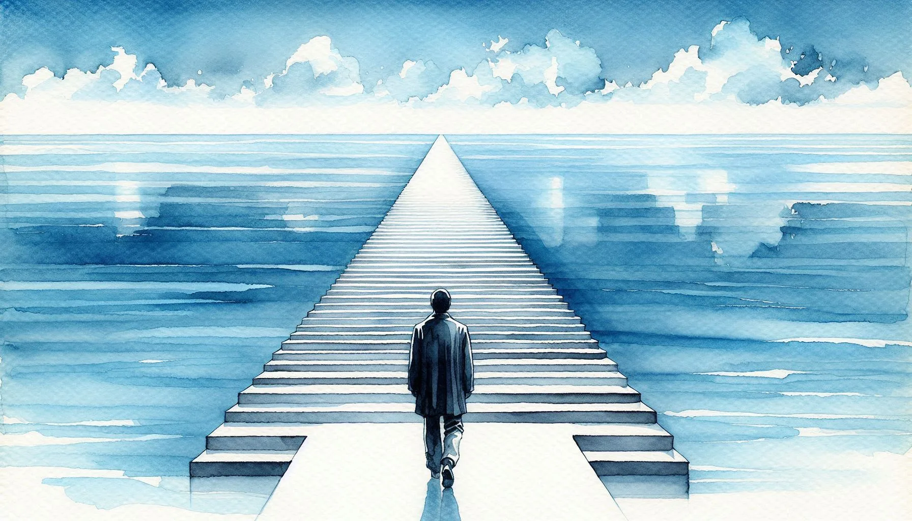 Person climbing white stone steps toward spiritual enlightenment, representing the dedicated path and inner transformation required to reach higher states of consciousness through spiritual practice.