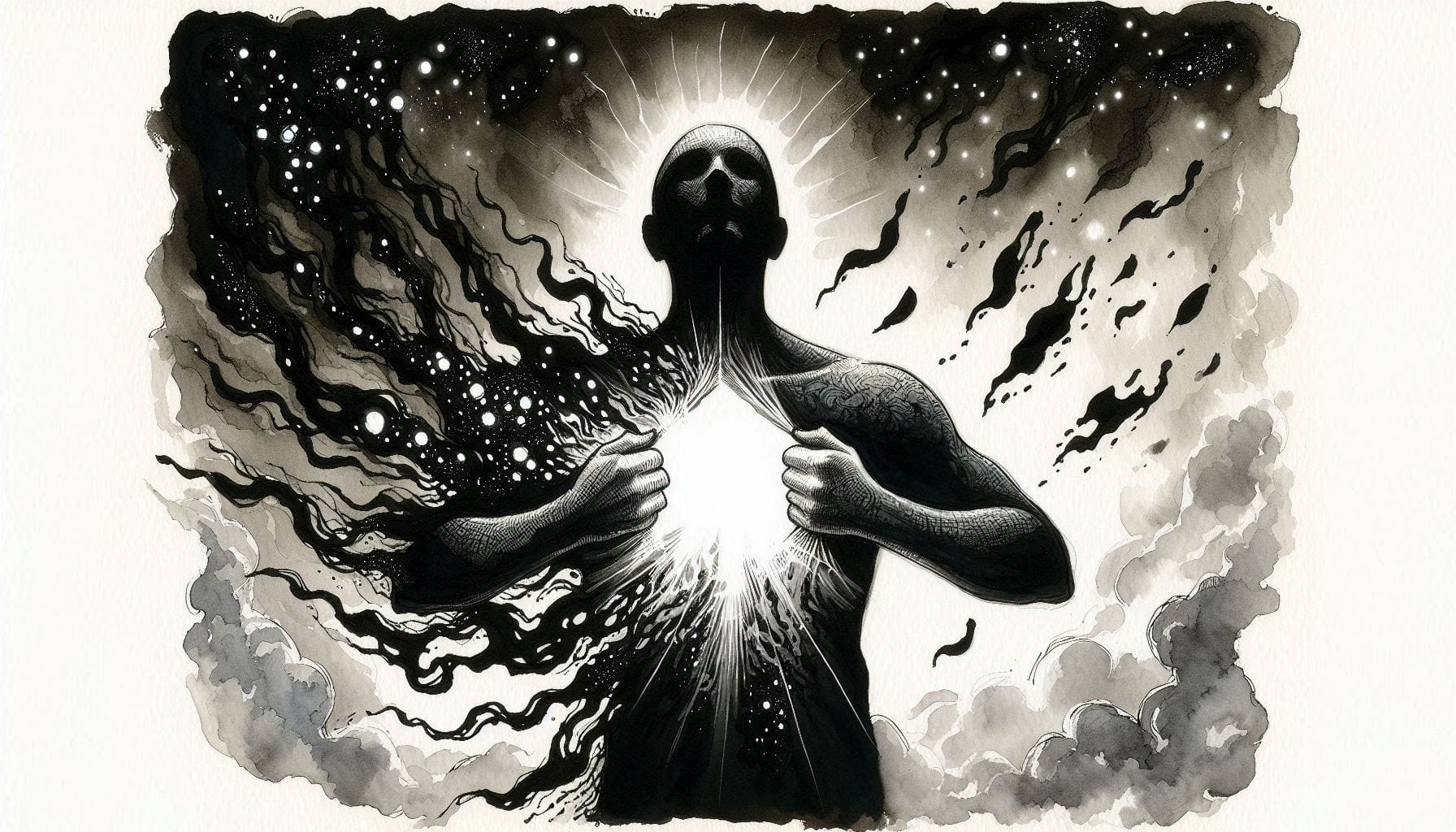 Spiritual enlightenment illustration showing figure dissolving into cosmic void representing Jed McKenna's The Damnedest Thing concept of ego annihilation and truth realization.