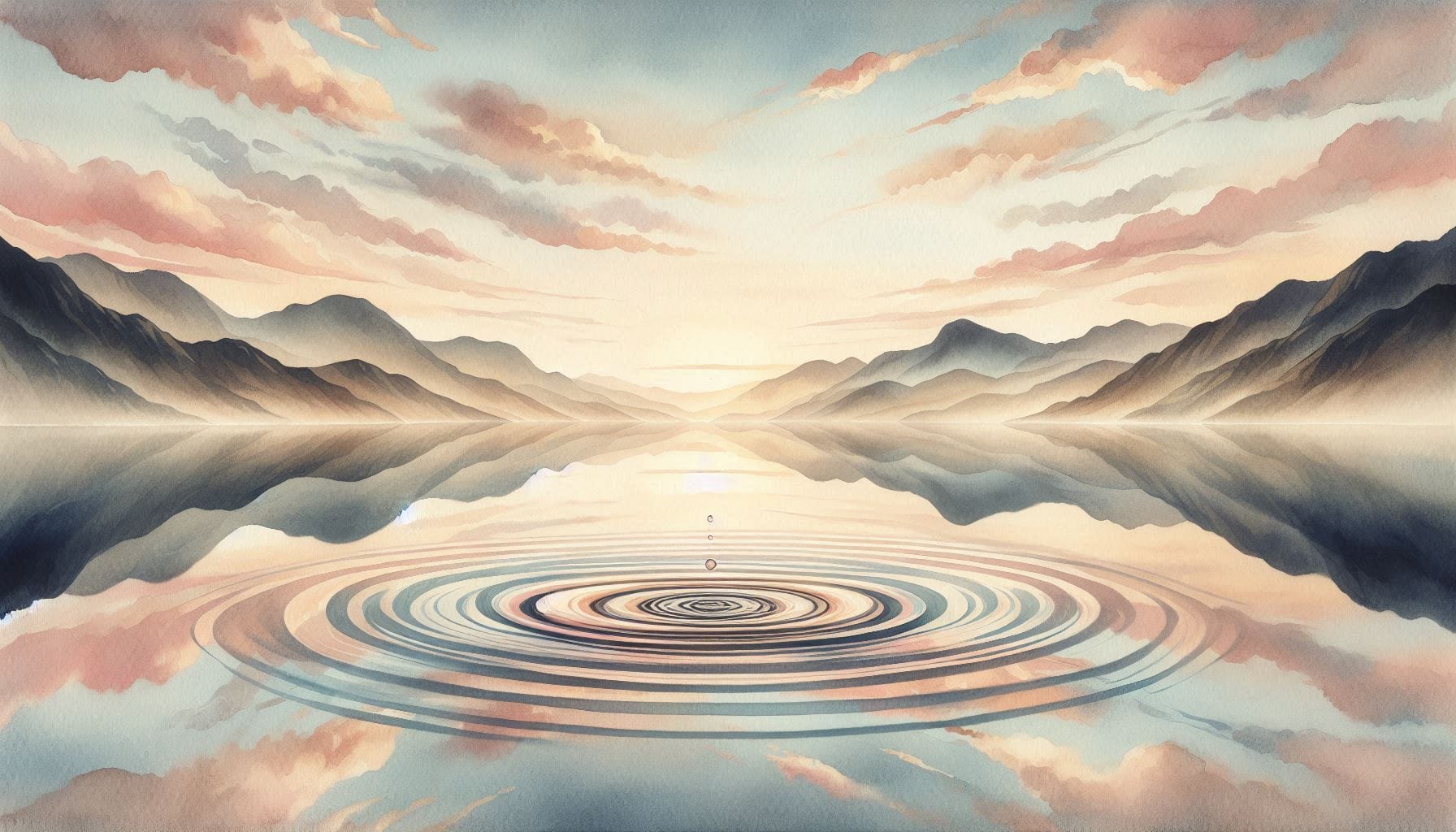 Watercolor painting depicting Ramana Maharshi's teaching on silence and inner stillness - a serene mountain lake at dawn with perfect mirror reflections and concentric ripples emanating from the center.