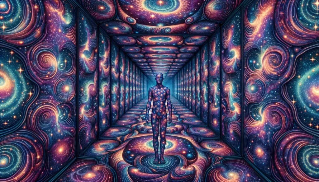 Jed McKenna's Theory of Everything illustrated through cosmic consciousness - a figure standing in an infinite tunnel of swirling galaxies and fractal patterns representing the C-Rex paradigm where consciousness is the fundamental reality containing all apparent universe manifestations.