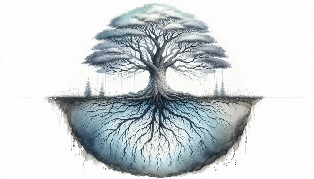 Tree with mirrored roots and branches in watercolor style illustrating Peter Ralston's Pursuing Consciousness book.