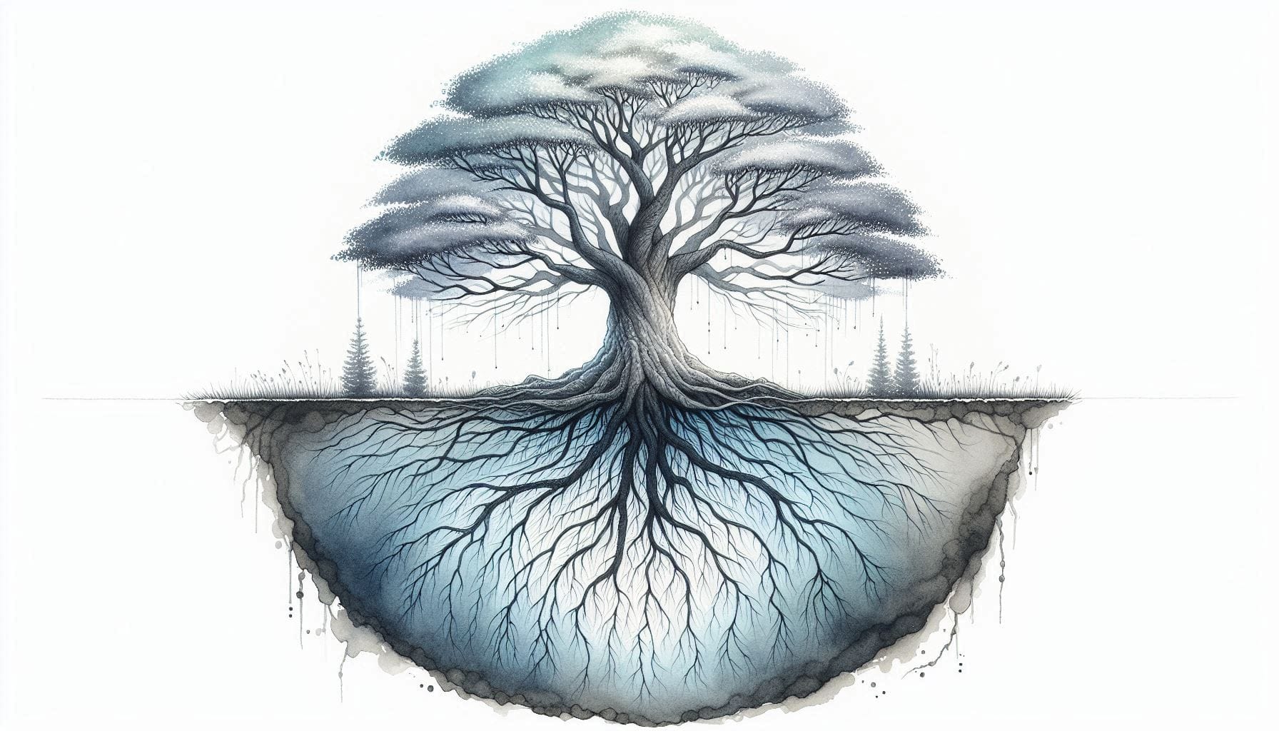 Tree with mirrored roots and branches in watercolor style illustrating Peter Ralston's Pursuing Consciousness book.