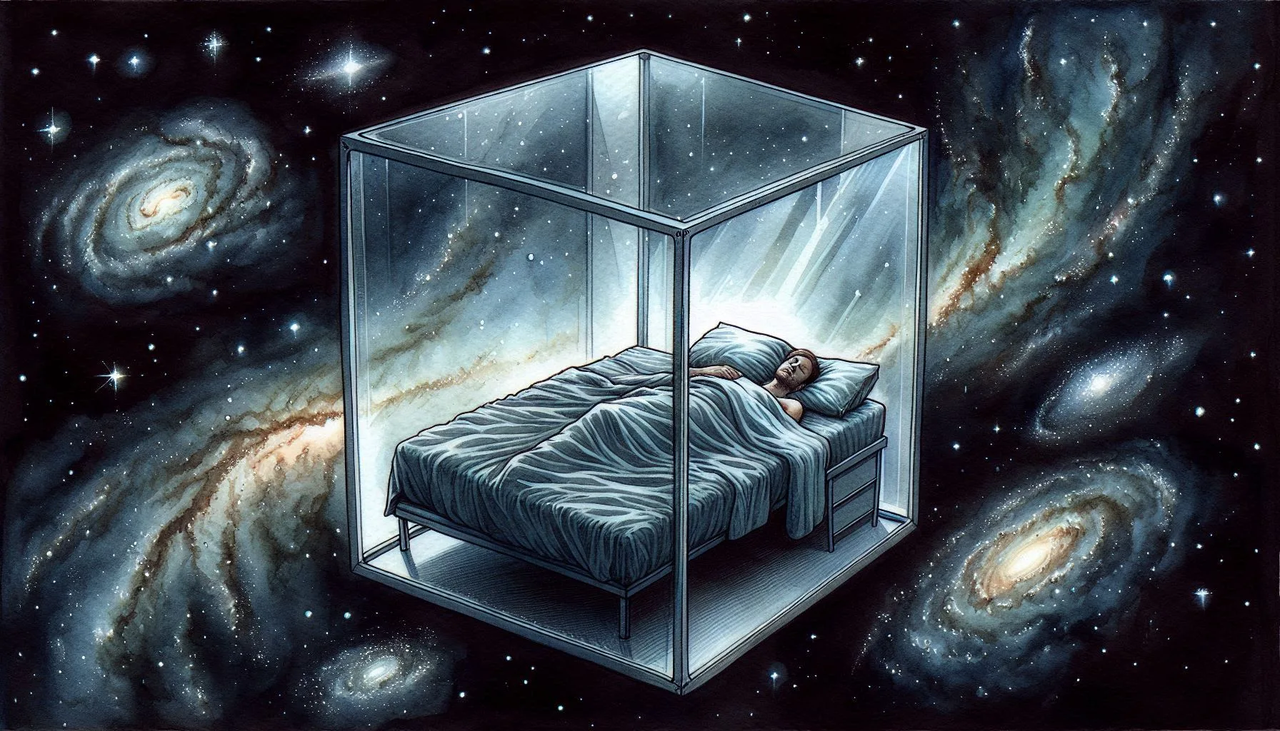 A person sleeping peacefully in a transparent glass cube floating in deep space, surrounded by galaxies and stars, illustrating Jed McKenna's concept from Spiritual Warfare about humanity trapped in the dreamstate of consensus reality, unaware of the infinite cosmic consciousness beyond their self-imposed mental prison.