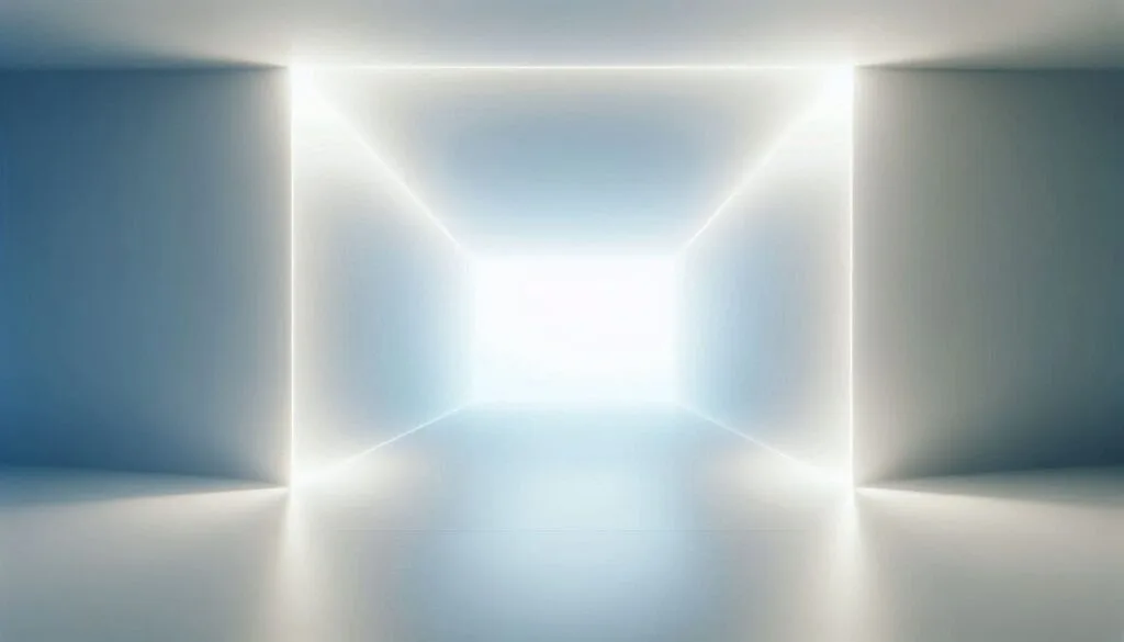 Infinite empty space representing abiding non-dual awareness from Jed McKenna's Spiritually Incorrect Enlightenment, showing boundless white void without walls or boundaries symbolizing the dissolution of separate self into pure consciousness as described in McKenna's teachings on truth-realization and the recognition that there is no self to realize.