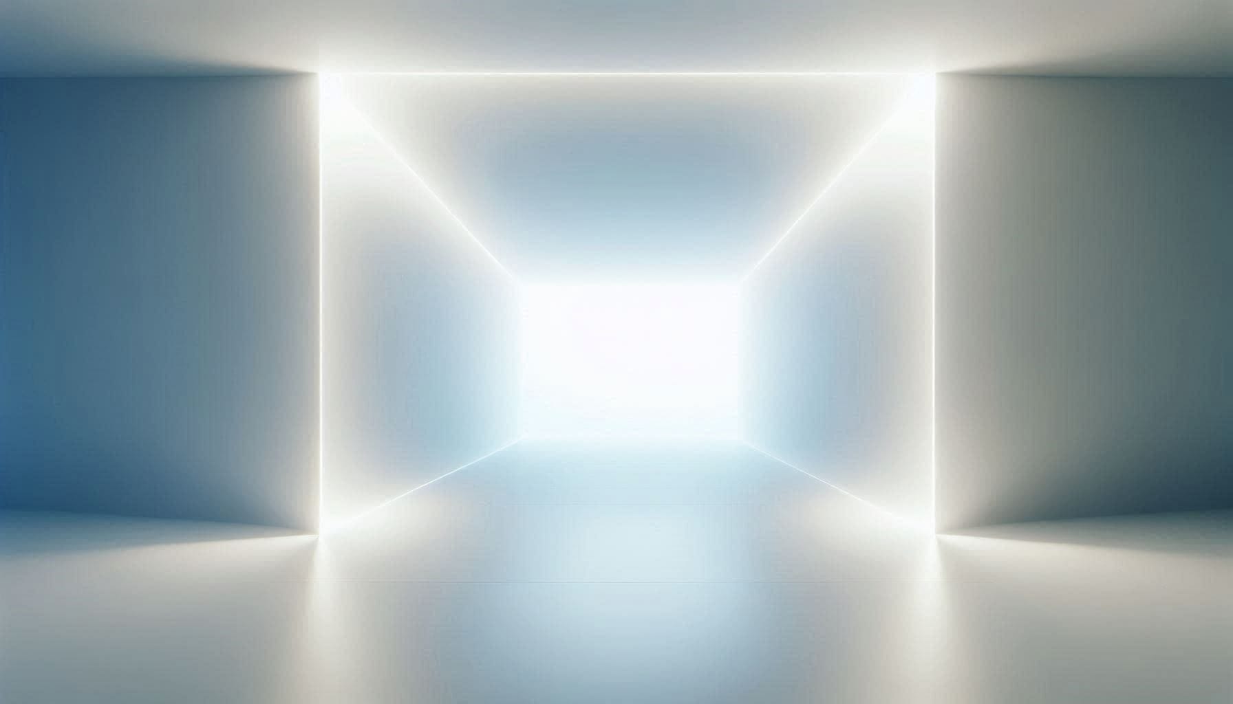Infinite empty space representing abiding non-dual awareness from Jed McKenna's Spiritually Incorrect Enlightenment, showing boundless white void without walls or boundaries symbolizing the dissolution of separate self into pure consciousness as described in McKenna's teachings on truth-realization and the recognition that there is no self to realize.
