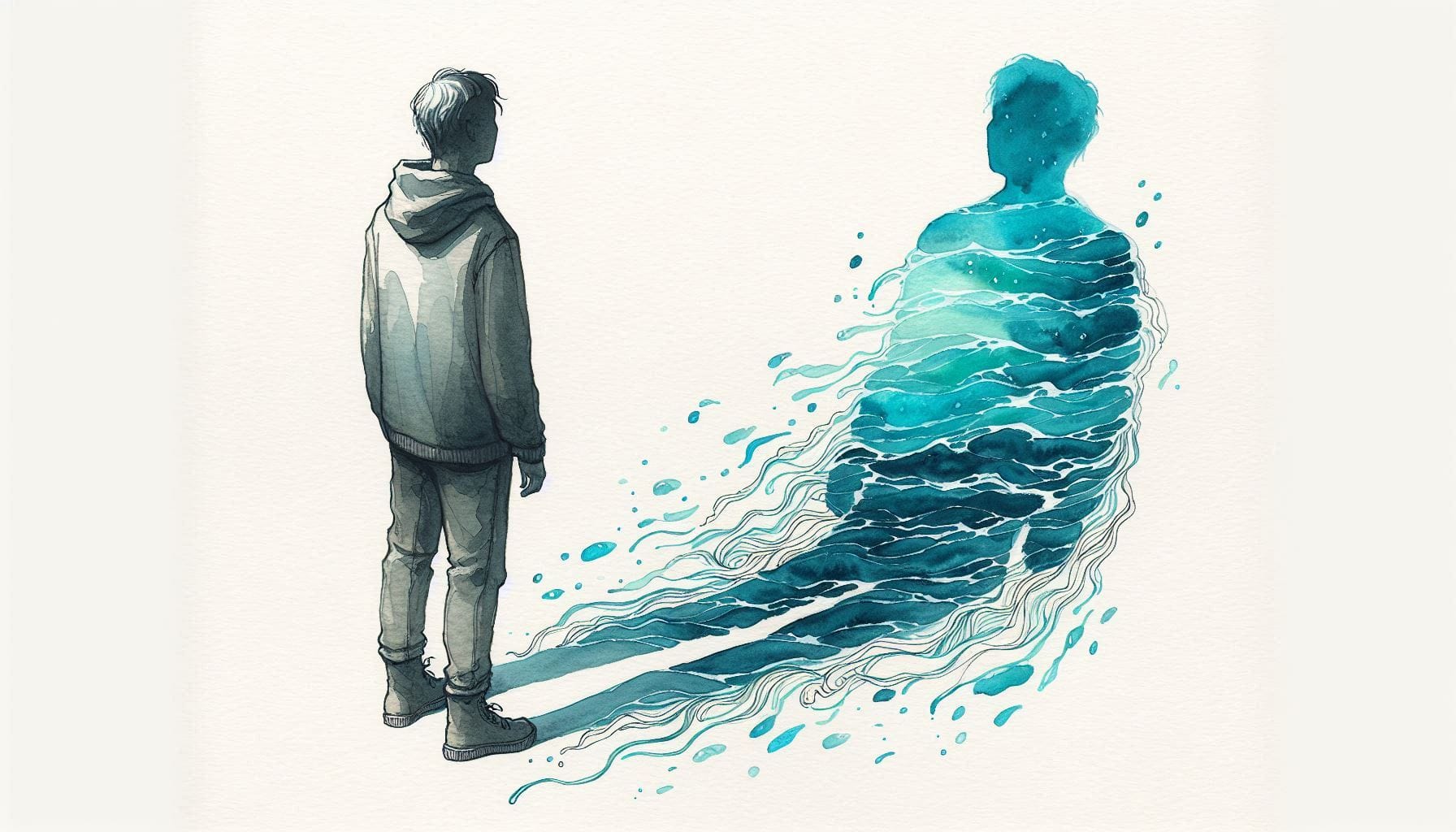Watercolor illustration depicting self-transformation concepts from The Book of Not Knowing by Peter Ralston, showing a person in hoodie with their shadow dissolving into flowing turquoise water, representing the dissolution of constructed self-identity and consciousness work described in Ralston's teachings on not-knowing and being.