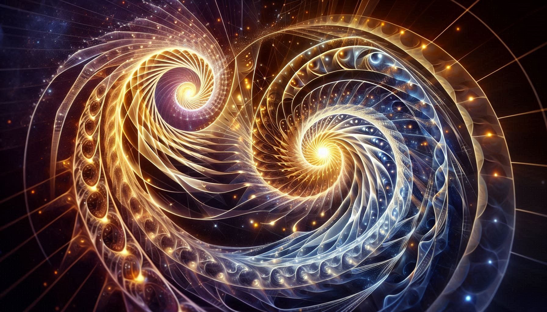 Peter Ralston's "The Genius of Being" consciousness concepts illustrated through swirling golden and blue cosmic spirals representing the creative nature of distinction and the fundamental interconnectedness of self and reality as explored in Ralston's teachings on absolute consciousness and perceptive experience.